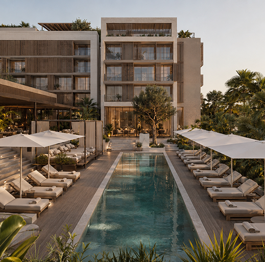 Luxury hotel with big pool in the middle, surrounded by lounge beds and parasols