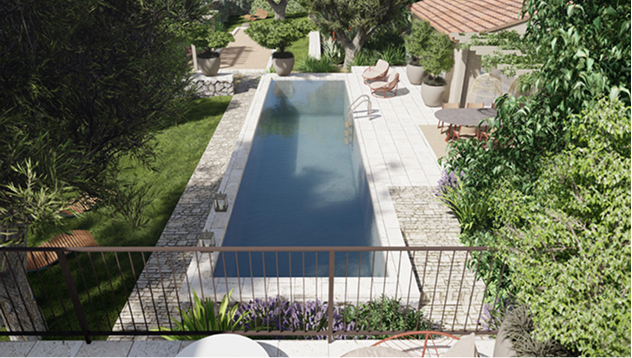 Top view of a rectangular pool surrounded by greenery and patio